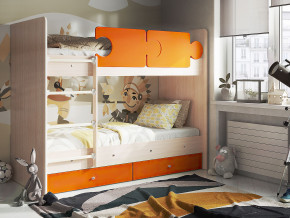 Кровать двухъярусная Тетрис латы с бортиками дуб млечный-оранжевый в Нижних Сергах - nizhnie-sergi.magazinmebel.ru | фото